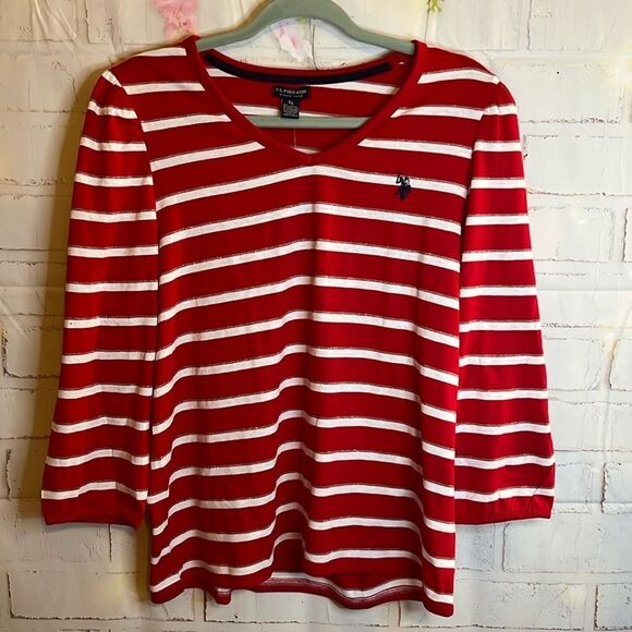 NWT WOMENS U.S. POLO ASSN STRIPED 3/4 SLEEVE TOP - Picture 1 of 9